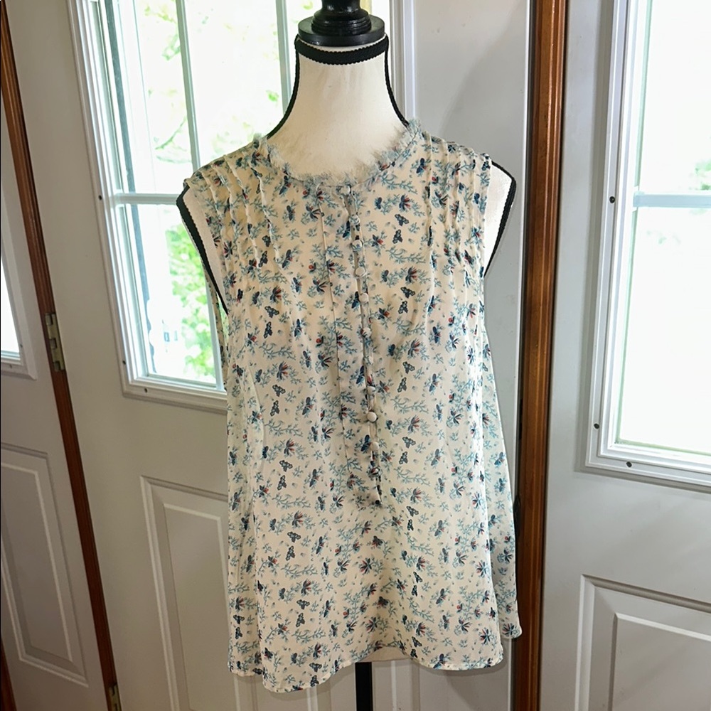 Patterson J Kincaid Floral Sleeveless Sheer Top - Cream and Blue